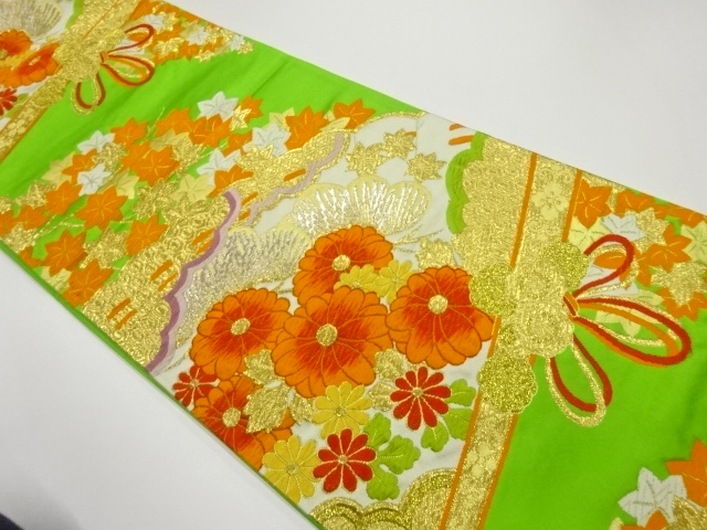 檜扇に菊・紅葉模様織出し袋帯